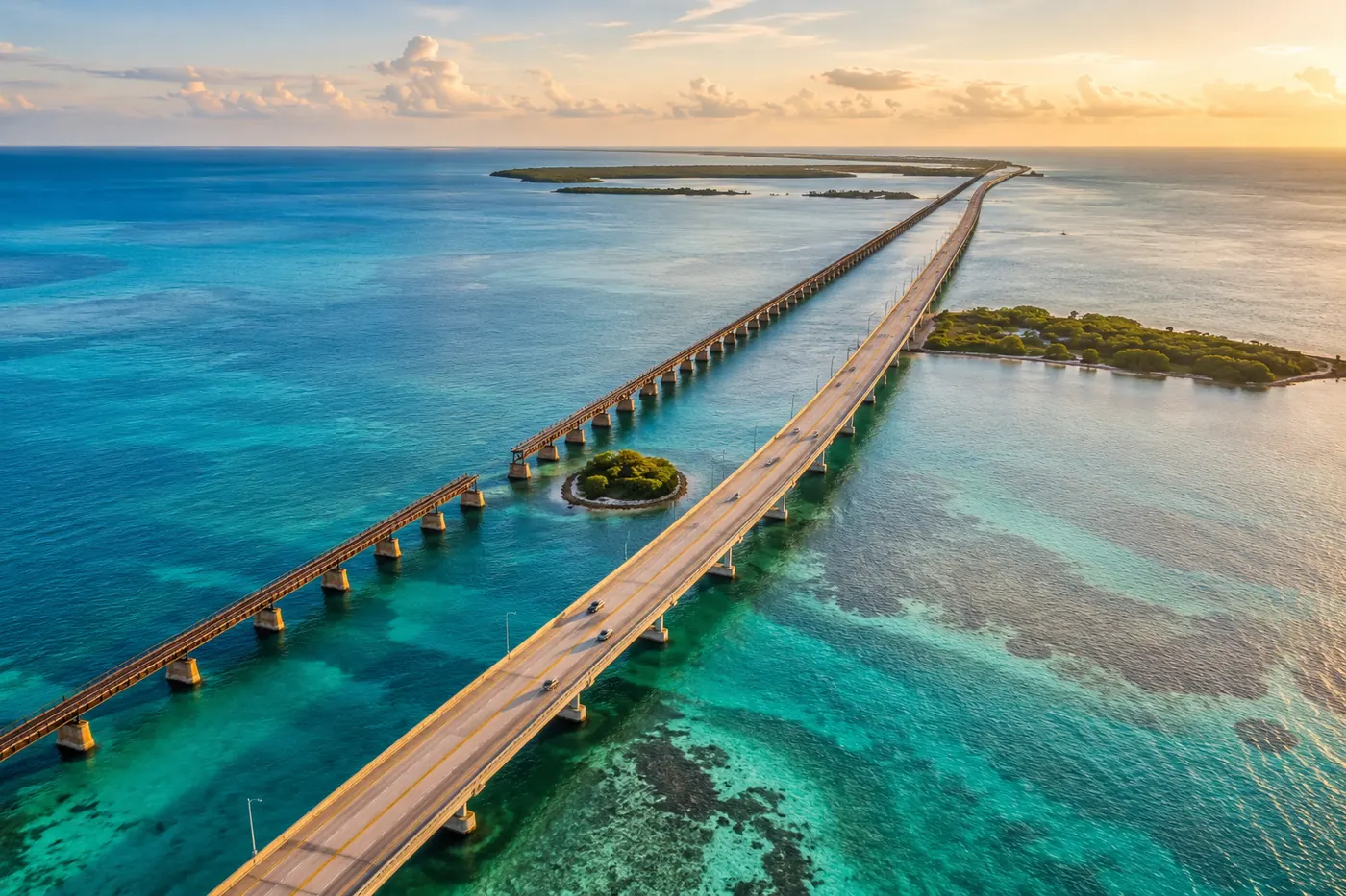 The Seven Mile Bridge and the old Overseas Railroad crossing the water between the Florida Keys.