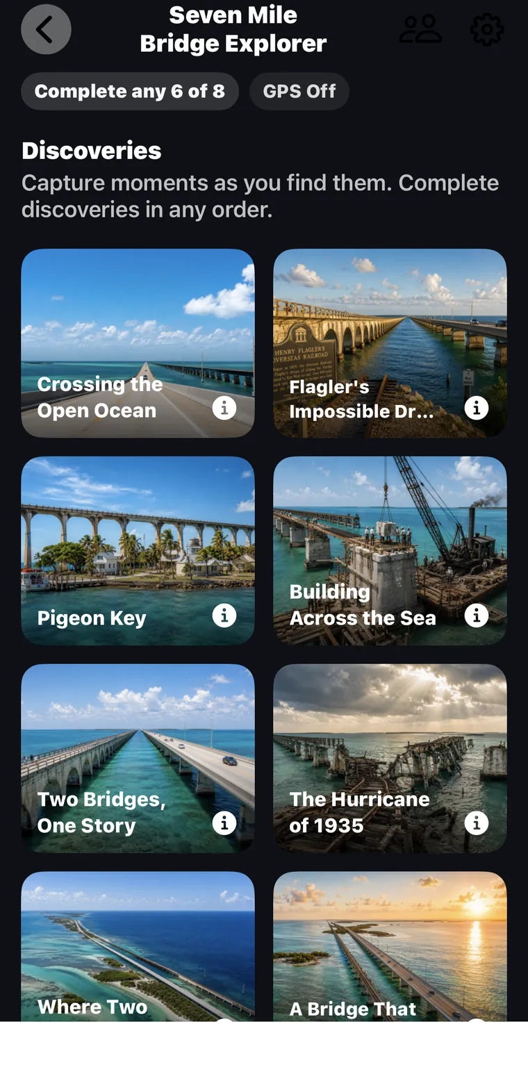 The Seven Mile Bridge Explorer adventure open in Adventure Quest: a grid of discoveries to find — Crossing the Open Ocean, Flagler's Impossible Dream, Pigeon Key, Building Across the Sea — under the instruction to complete any six of eight.