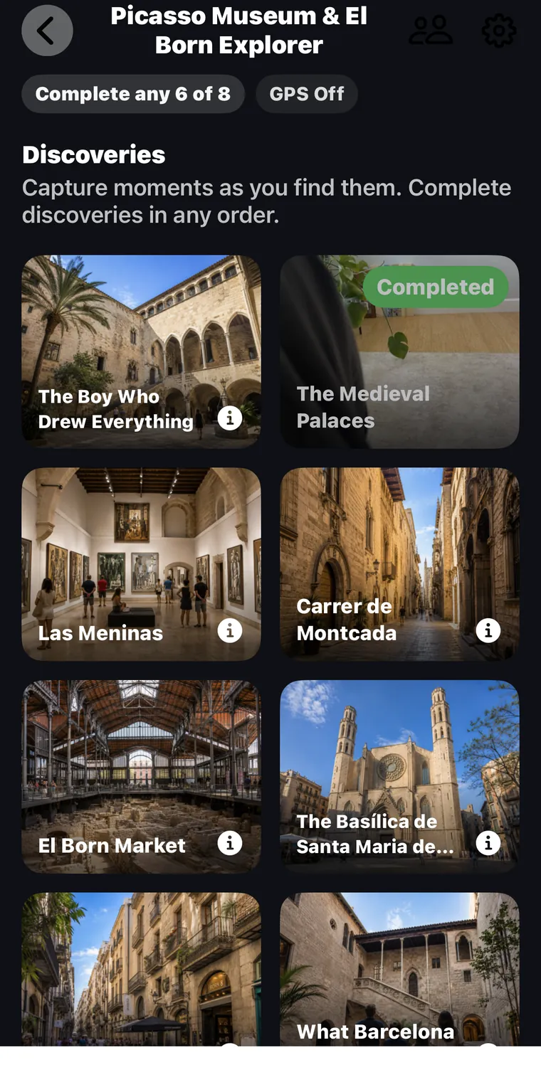 The Picasso Museum and El Born adventure in Adventure Quest, with one discovery marked Completed and showing the photo the family captured there.